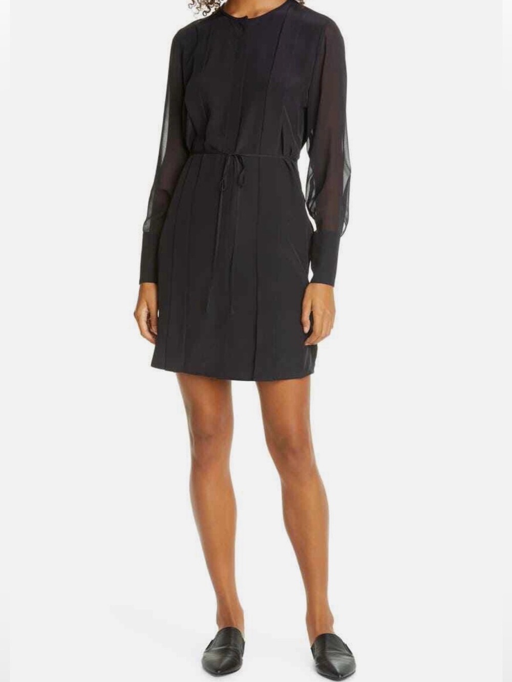 Club Monaco Black Sheer-Sleeve Tie-Waist Mini Dress